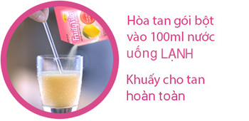 Hòa tan gói bột vào 100ml nước lạnh, Khuấy cho tan hoàn toàn