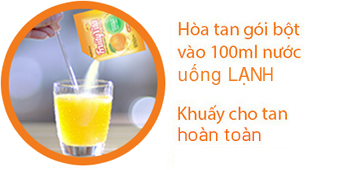 Hòa tan gói bột vào 100ml nước lạnh, Khuấy cho tan hoàn toàn